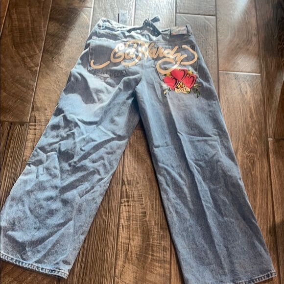 Ed Hardy Blue Wide Leg Jeans with Red and Yellow Design - Picture 3 of 5